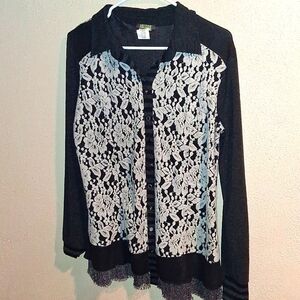 NEW DOLCEZZA Embellished Lace Striped Art To Wear Button Down L
